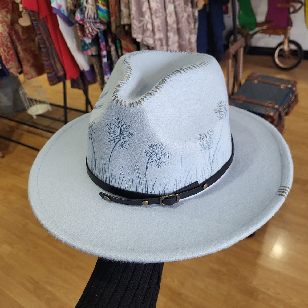 Handburned women's felt hat custom dandelion flower light blue